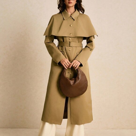 Khaki Women's Casual Longline Cape-Shoulder Storm Flap Overcoat - Picture 4 of 8